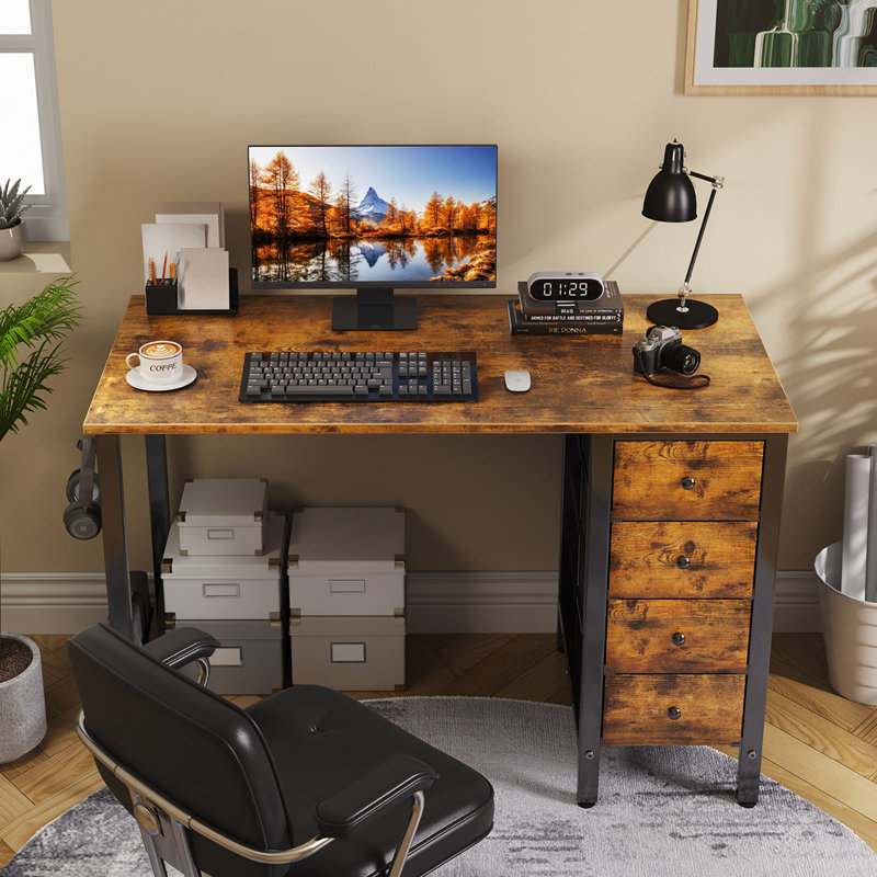 Computer Desk with 4 Drawers, Fabric Drawers Writing Desk, Brown/Black, 29.5" H x 39.4" W x 19.7" D