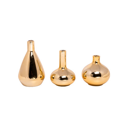 Ensemble de trois vases en céramique à finition ronde en chrome poli doré