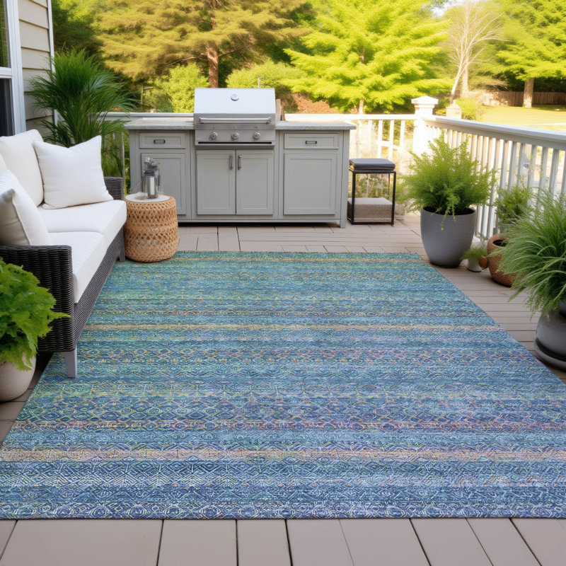 Tapis bleu sarcelle lavable à la machine intérieur / extérieur Xhevrie, Rectangle 10 pi x 14 pi