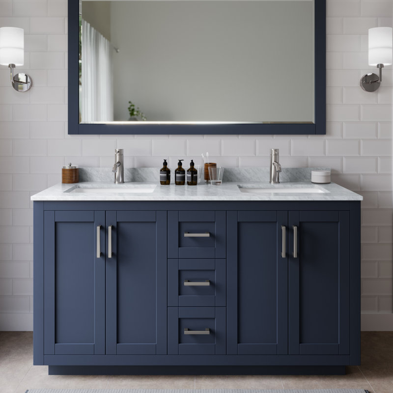 Miranda 60" Freestanding Double Bathroom Vanity with Marble Top, Brushed Nickel, Dark Blue