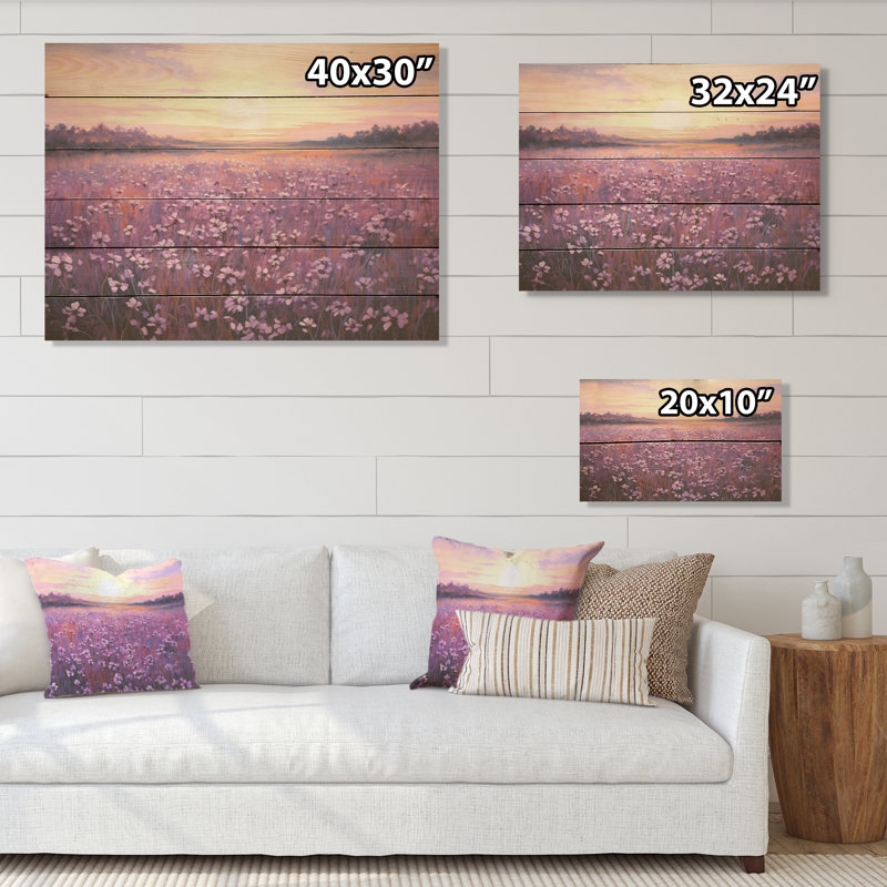 Bloomed Flower Horizons At Sunset - Art mural en bois sur bois de pin naturel, H 24 po x l 32 po