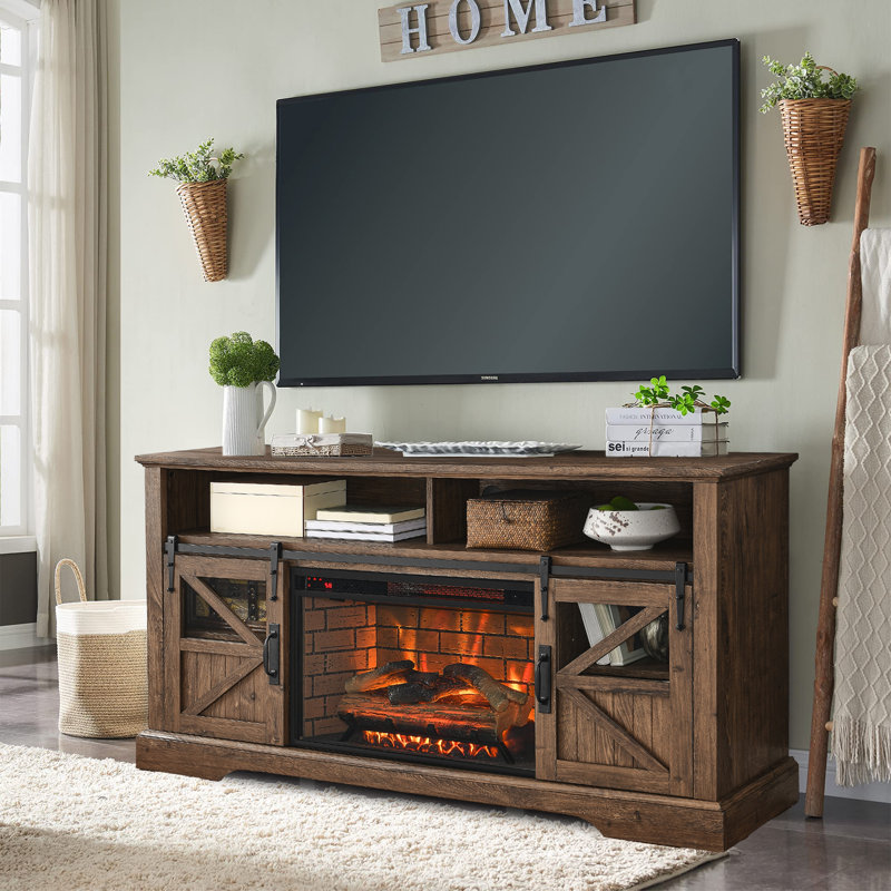 Wilsie 60"W Fireplace TV Stand with Sliding Barn Door, Farmhouse Storage Console for TVs Up to 65'', Reclaimed Barnwood
