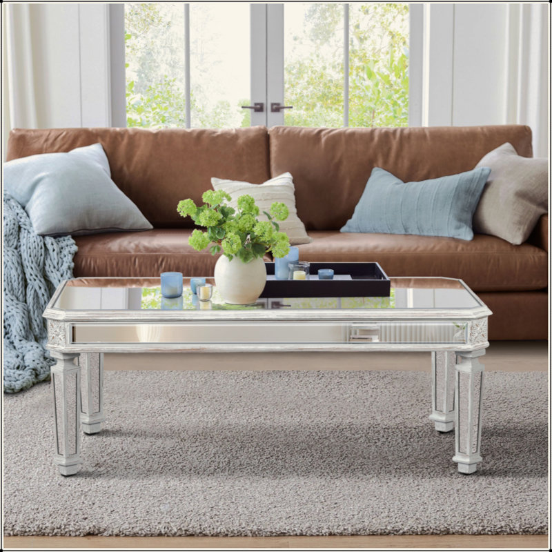Table basse argentée avec miroir, éléments sculptés rétro, table basse rectangulaire en verre avec finition miroir, table centrale moderne pour le salon et le bureau (P 24 po x l 48 po x H 18 po)