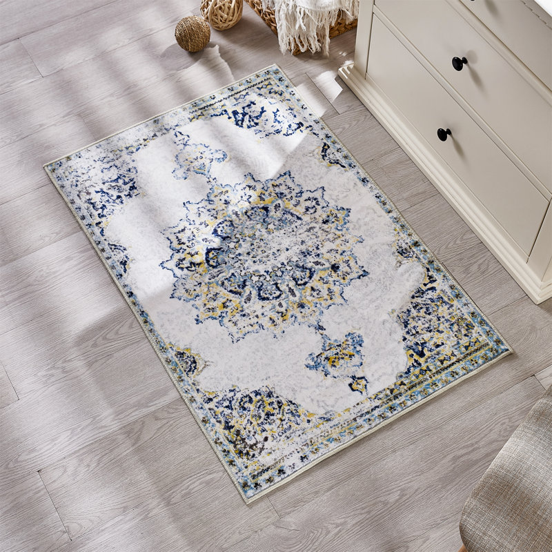 Floranne Oriental Non-Slip Machine Washable Vintage Area Rug in Blue/Yellow/Cream for Living Room, Bedroom, Hallway Runner Indoor Rugs (2'×3')