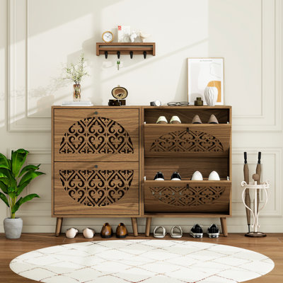 Armoire de rangement pour chaussures étroite 23,63 po avec 2 tiroirs rabattables, armoire d'entrée en bois sculpté Everheart, organisateur de chaussures autoportant mince pour petits espaces, couloir et vestibule