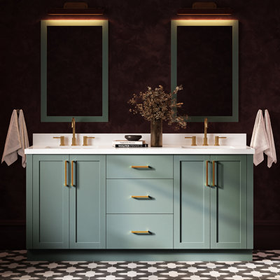   Meuble-lavabo double rectangulaire Kayleigh de 73 po avec comptoir en quartz blanc pur 1,5 po