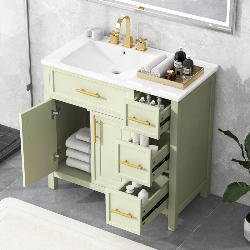 36" Bathroom Vanity with Sink Top, Bathroom Vanity Cabinet with Two Doors and Three Drawers, Solid Wood , MDF Boards ,One Package, White-green