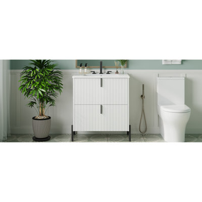 30 - Inch White Bathroom Vanity, Ceramic Basin, Soft Close Drawer Slides, Fluted Exterior, And Thoughtful Storage Organization Plan 30" Vanity With Sink, Full Extension Drawers For Optimization