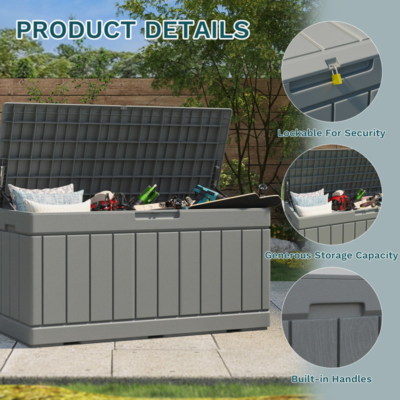 Gray 90 Gallon Lockable Plastic Deck Storage Box
