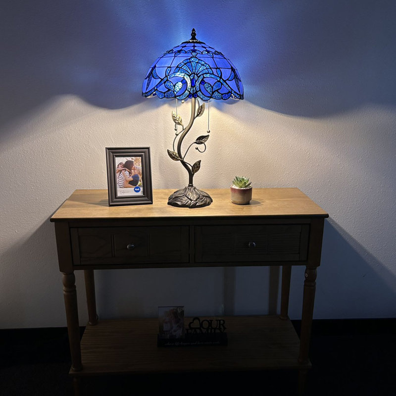 Meryem Tiffany Table Lamp Blue Stained Glass Baroque Style LED Bulbs Included 14"W*14"D*24"H