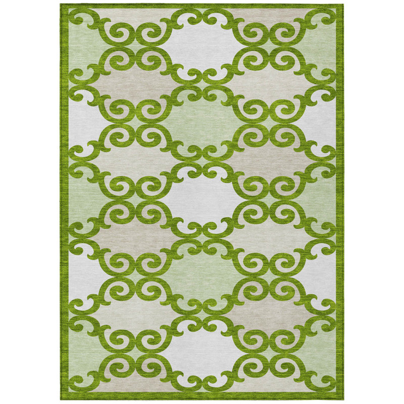 Tapis extérieur lavable à motif de treillis vert lime et ivoire 5 pi x 8 pi
