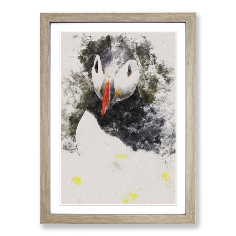 Atlantic Puffin Birds Vol.2 Watercolour - Picture Frame Graphic Art, Oak, 36cm H x 27cm W x 2cm D