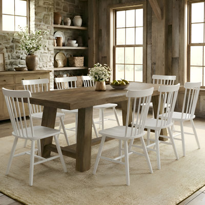 Ensemble de table de salle à manger en bois massif, table de salle à manger rectangulaire en pin vieilli et chaises à dossier en lattes Windsor pour cuisine / salle à manger