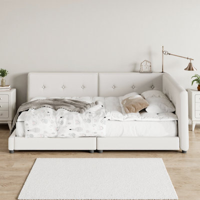 Cadre de lit plateforme grand en lin beige moderne avec ports USB | Sommier non requis
