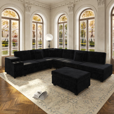 Ensemble de canapé modulaire en L 110,2 po avec repose-pieds amovible, canapé-lit convertible avec accoudoirs dissimulés et ports de chargement USB, tissu en velours côtelé moelleux pour le salon, beige