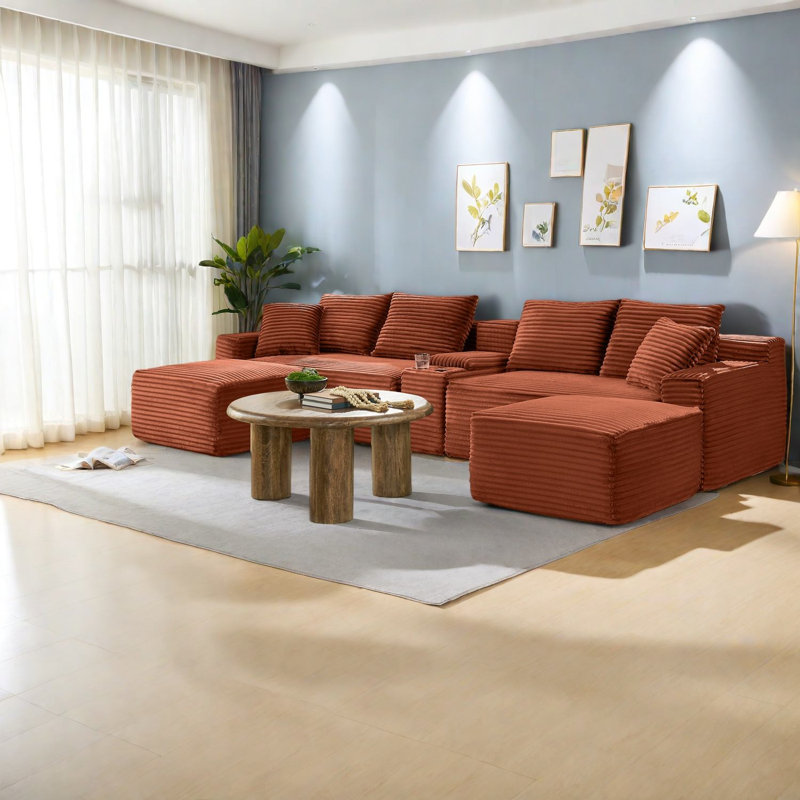 Canapés spacieux en velours côtelé, canapé noir modulaire avec USB, orange Modern Living