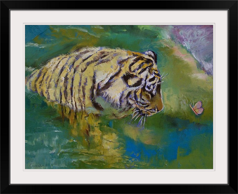 «Driton Curiosity Tiger and Butterfly» par Michael Creese, reproduction d'art, H 35 po x l 44 po x P 1 po, Cadre noir