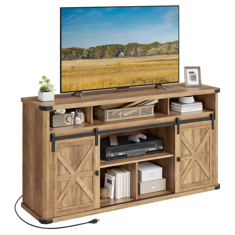 Cecilly TV Stand for TVs up to 65" with 2 Sliding Barn Doors and Built-In Charging Station, Light Brown