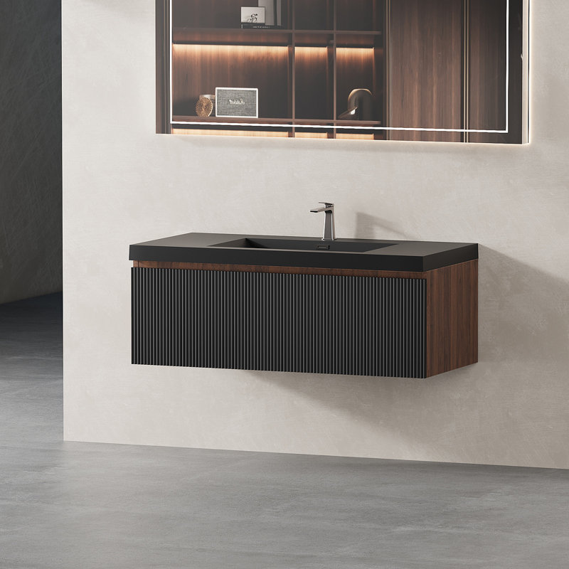 Ensemble de meuble-lavabo flottant 42 po avec lavabo, meuble de rangement mural moderne à rayures avec tiroir à fermeture en douceur et lavabo à surface solide blanc brillant, 24V16-42NOW