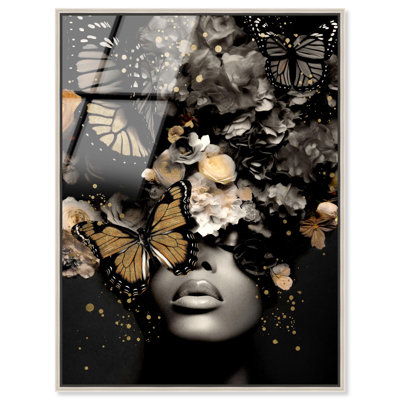 Butterfly Golden Goddess Framed High-Gloss Acrylic Glass Wall Art Fashion Glam by Art Remedy, Silver Frame, 16 x 20