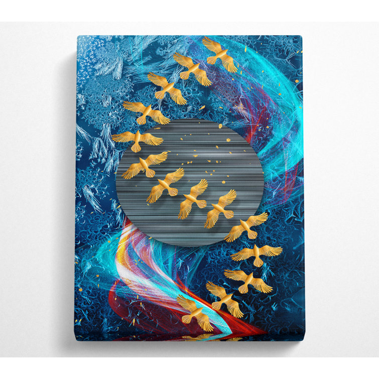 Gold Birds Abstract Waves Canvas Print