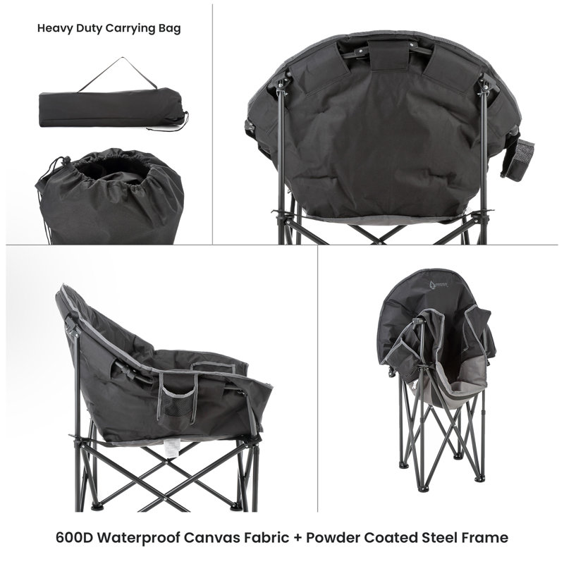 Oversized Charcoal Black Padded Folding Camping Chair with Cup Holder