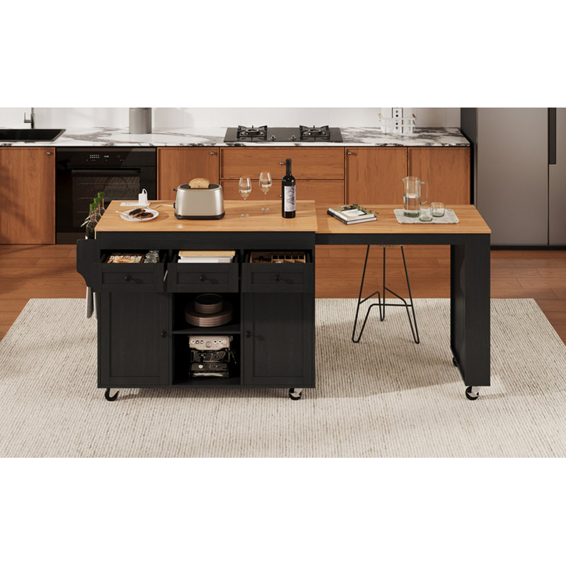 85.5" Kitchen Island with Extendable Dining Table, Kitchen Storage Table with 3 Side Open Shelves, Rolling Kitchen Island with Power Outlet, 3 Drawers, 2 Doors, for Kitchen, Dining Room