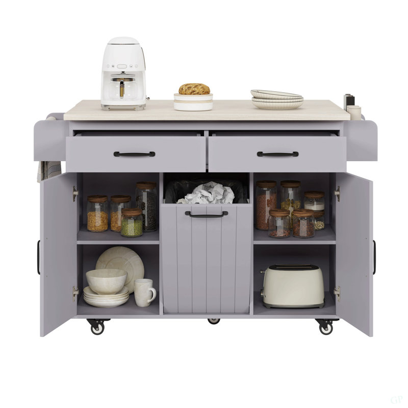 Kitchen Island With Trash Can Storage Cabinet, Kitchen Cart With Drop Leaf, Spice Rack, Towel Rack And Drawer, Rolling Kitchen Island On Wheels With Adjustable Shelf