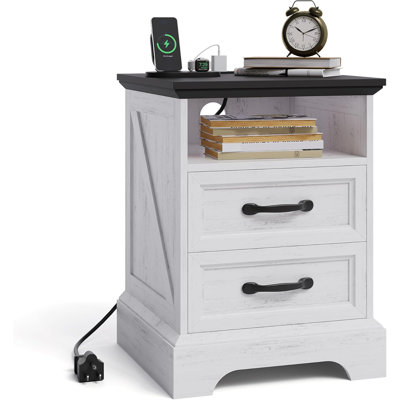 Best Seller,Nightstand with Charging Station, Farmhouse Bedside Table with 2 Drawers and Open Shelf, White Finish, USB Ports and AC Outlets, 20" D x 1 by Ophelia & Co.