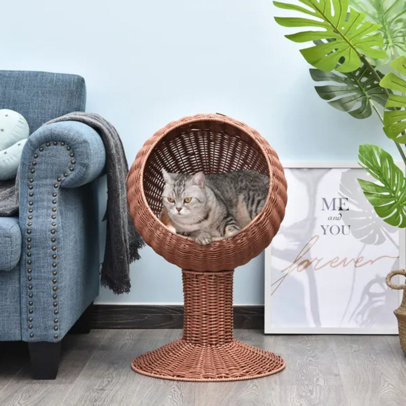 Brown Woven Elevated Cat Bed with Rotatable Egg‑Shaped Pod