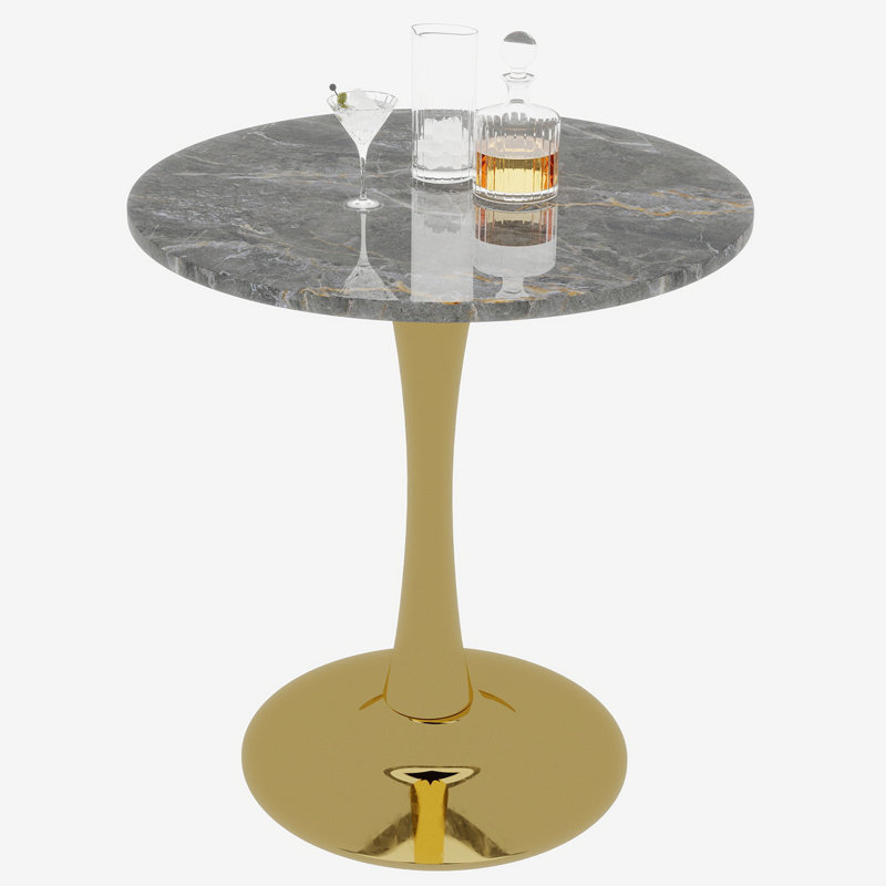 Cette table basse de 27,6 pouces de style Mid-Century de style moderne Mid-Century peut accueillir de 2 à 4 personnes et comprend un plateau de table rond en marbre texturé gris foncé, convenant à divers espaces.