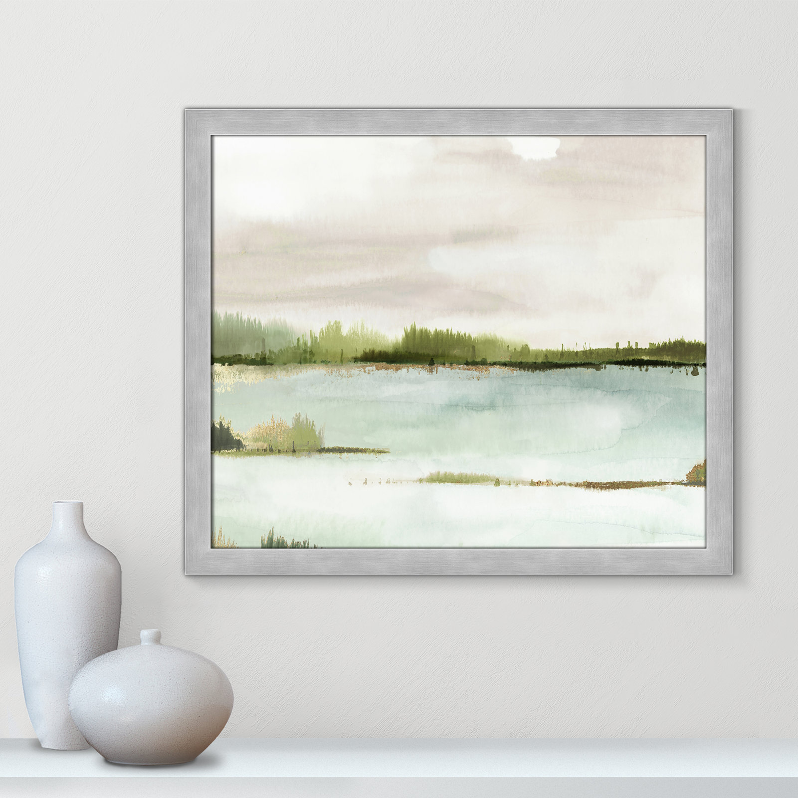 Adamsville "Silent Lake" Painting, Matte Silver Framed, 22.5" H x 26.5" W x 1.12" D