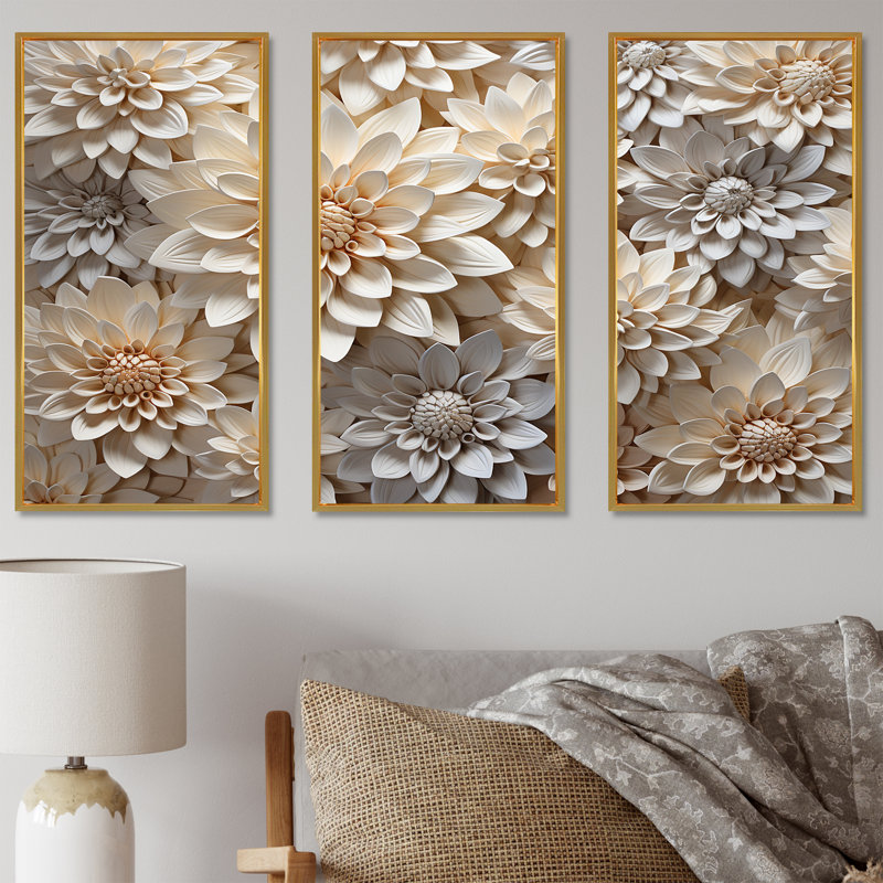 Ensemble de décorations murales Pure White Chrysanthemums Magic III - Chrysanthemums, Cadre flottant doré