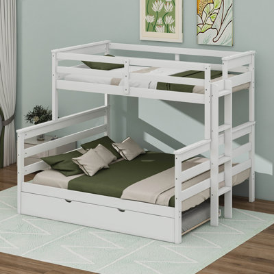 Lit superposé simple au-dessus de grand lit en bois avec lit gigogne, échelle et barrière de sécurité en bois, peut être séparé en 3 lits