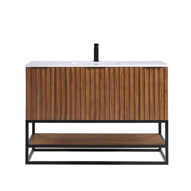 Terra 48'' Single Bathroom Vanity with Top, White Quartz/Single Faucet Mount, Walnut, Matte Black