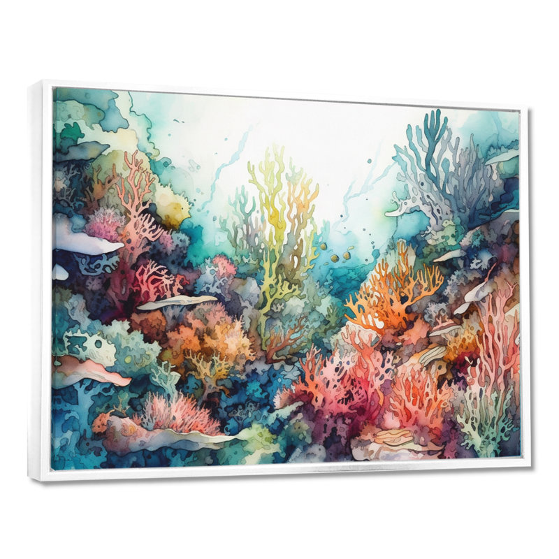 «Vibrant Coral Reef III - Modern Beach», art mural, H 12 po x l 20 po x P 1 po, Cadre flottant blanc