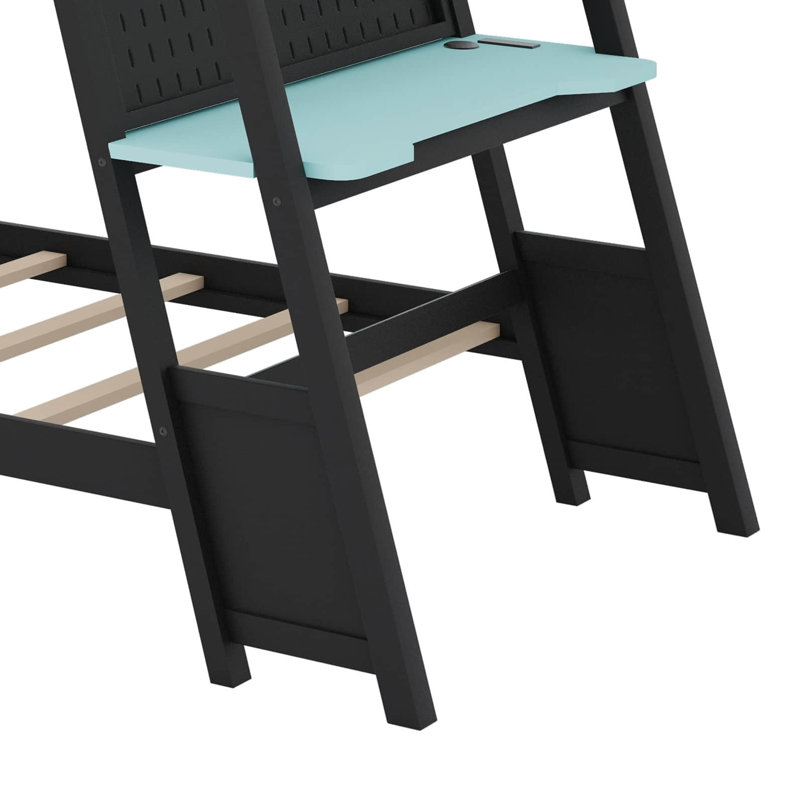Lit superposé de jeu avec 2 bureaux de jeu intégrés, ports de charge USB et organisateur de panneau perforé, Noir/bleu nuage