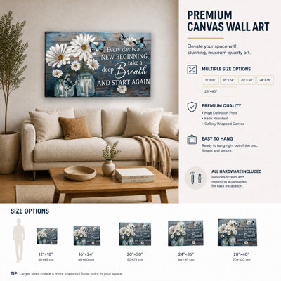 Canvas Wall Art White Daisy In Glass Jar Butterfly Inspirational Quote Wall Decor