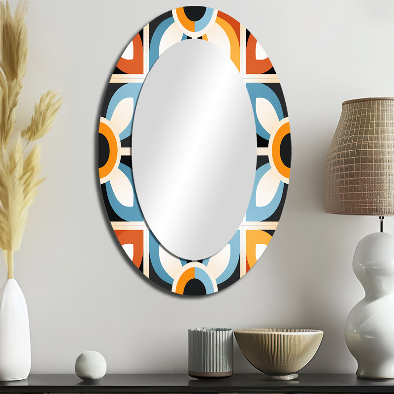 Motif de mosaïque rustique orange et bleu - Grand miroir mural ovale sur métal, H 36 po x l 24 po