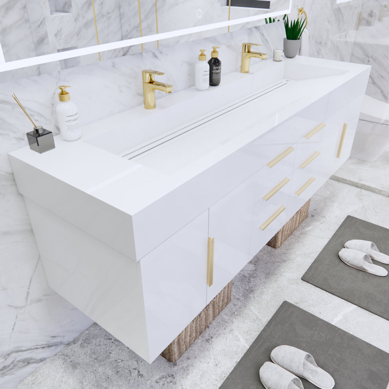 Thomason 71'' Double Bathroom Vanity with Acrylic Top, High Gloss White, White