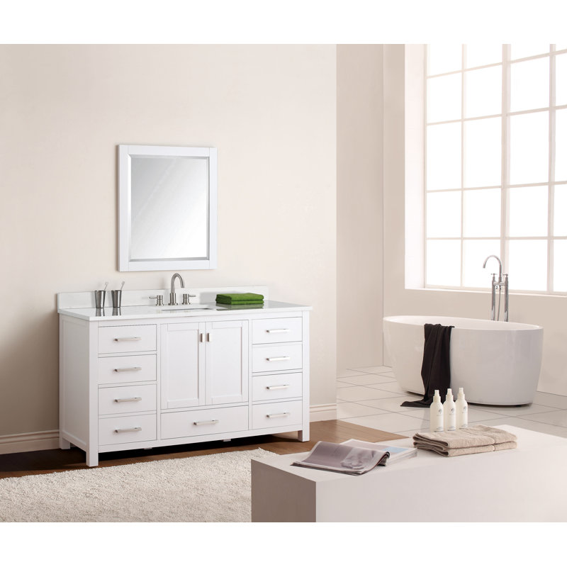Meuble-lavabo simple 60 po avec plateau Souther, Blanc, Marbre blanc de Carrare, Nickel brossé