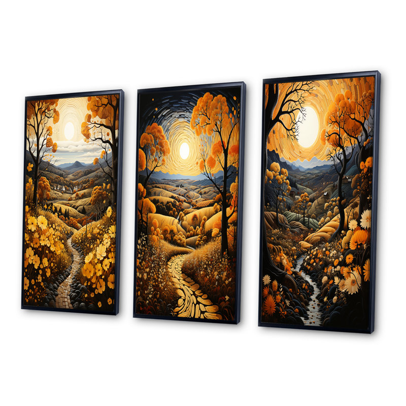 «Countryside Harvest Gold Autumn», 3 pièces sur toile, Cadre noir, H 32 po x l 48 po
