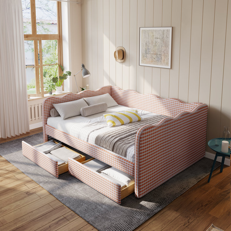 Lit de jour Gingham avec 2 tiroirs de rangement et port USB, forme ondulée, Grand lit, Rose