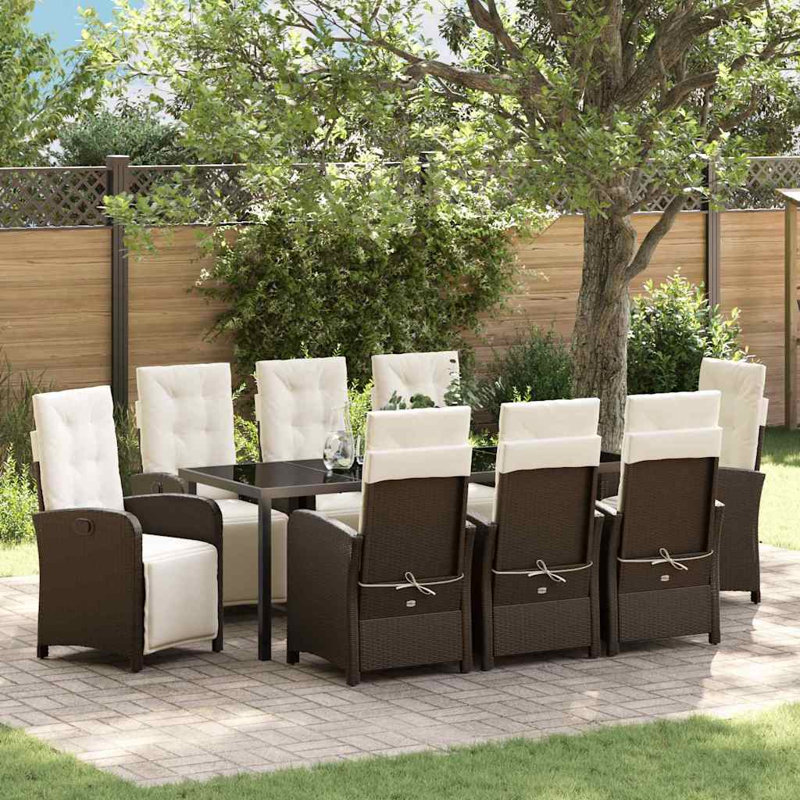  Ensemble de salle à manger de jardin avec coussin 9 pièces en rotin de polyester brun, Beige Cushion/Brown Frame, 8
