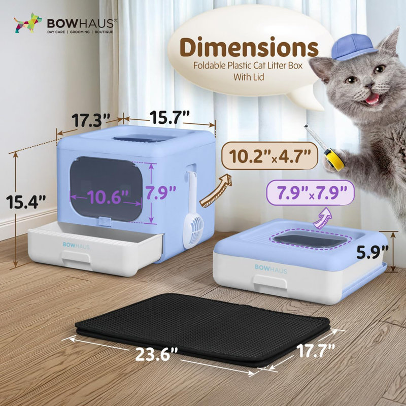 Bac à litière pliable pour chat avec couvercle pour chaton, petit bac d'entrée et de sortie à deux voies avec pelle, tapis pour chat et filtre à odeurs, bac à litière facile à nettoyer, bleu
