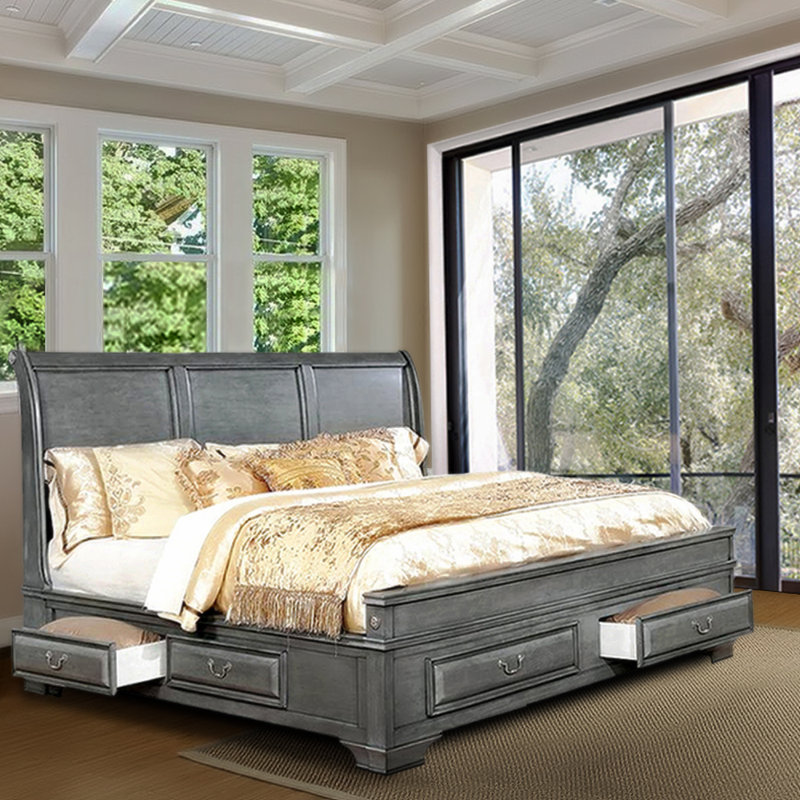 Grand lit-bateau 4 tiroirs Ktina, Gris, Grand