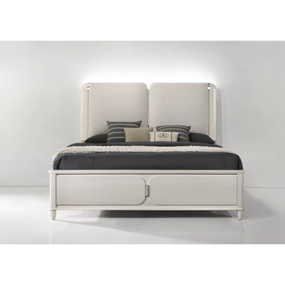 Élégant grand lit gris avec DEL - blanc perle, tête de lit confortable rembourrée de mousse, cadre, pieds en acrylique, sommier tapissier requis et bois d'hévéa chic essentiel