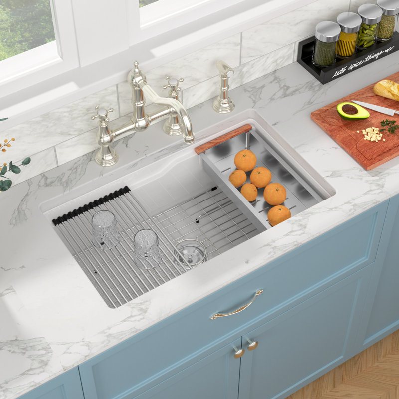 32" L Undermount/Drop-In Kitchen Sink with Z Shape Ledge Workstation White Fireclay Single Bowl Basin with Accessories