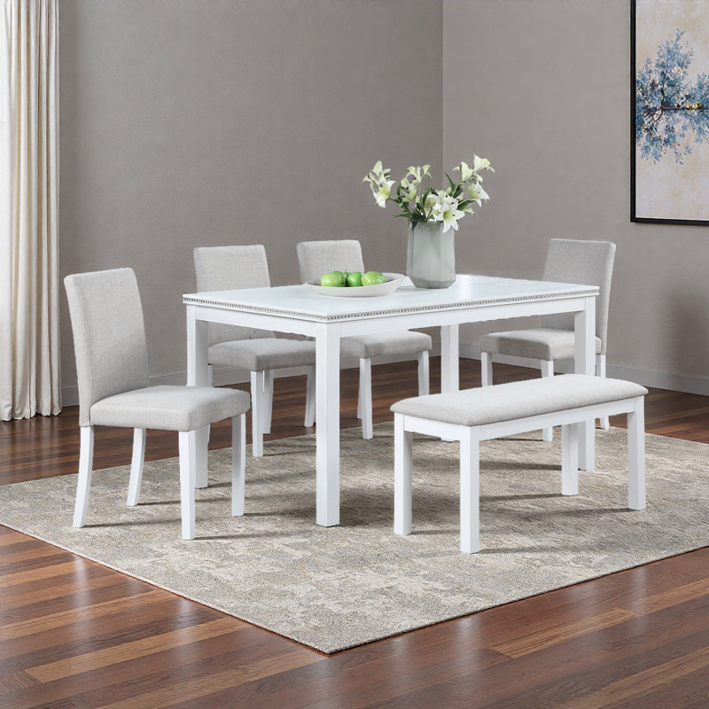 Ensemble de table de salle à manger 6 pièces en bois, table de salle à manger en bois avec 4 chaises rembourrées et banc pour 6 personnes, ensemble de table de salle à manger rectangulaire avec décoration en cristal pour la cuisine, la salle à manger