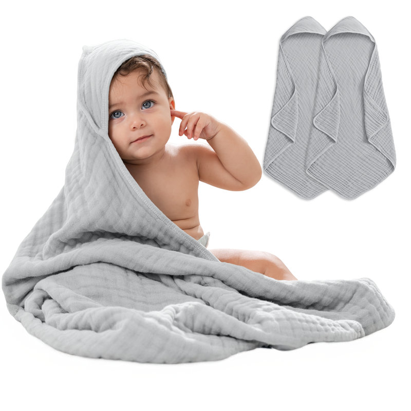Comfy Cubs Hooded Baby Towel 2-Pack, Large 32 x 32 Inch - 6 Layer 100% Muslin Cotton - Soft & Absorbent Baby Bath Towels